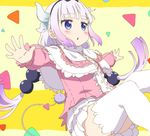  bangs beads blue_eyes blunt_bangs blush capelet commentary_request dragon_girl dragon_horns dress eyebrows_visible_through_hair hair_beads hair_ornament hairband horns kanna_kamui kobayashi-san_chi_no_maidragon lavender_hair long_hair looking_to_the_side low_twintails outstretched_arms solo tail thighhighs tomato_(lsj44867) triangle_mouth twintails white_legwear 