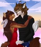  anthro clothed clothing cloud duo feline female fur hair hug male male/female mammal manikanika outside smile standing tongue tongue_out 