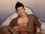  1boy abs blush brown_eyes brown_hair cum cum_on_body itto_(mentaiko) looking_at_viewer male_focus msucle nipples pillow pubic_hair robe sangokushi_puzzle_taisen sitting smile solo solo_focus sun_quan sweat 