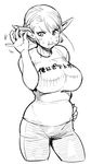  belly blush breasts clothes_writing cropped_legs eating elf elf-san_wa_yaserarenai. erufuda-san food food_on_face greyscale hand_on_hip highres large_breasts looking_down meme monochrome pants pinky_out plump pointy_ears salt_bae_(meme) shirt simple_background sketch solo synecdoche t-shirt white_background 