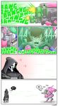  1girl :3 brown_hair chibi cockpit comic commentary cuddlep00p d.va_(gremlin) d.va_(overwatch) damage_numbers english firing gameplay_mechanics highres mecha meka_(overwatch) overwatch reaper_(overwatch) truth whisker_markings 