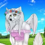  anthro breasts canine clothed clothing feathered_wings feathers female fur hair looking_at_viewer mammal manikanika outside smile solo standing wings 