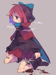  bad_id bad_pixiv_id bandaid_on_leg black_shirt blood bloody_weapon blue_bow blue_hair bow cape claw_hammer daizu_(melon-lemon) grey_background hair_bow hammer highres holding holding_weapon long_sleeves multicolored multicolored_cape multicolored_clothes multicolored_hair pleated_skirt red_eyes red_hair red_skirt sekibanki shirt short_hair simple_background skirt solo touhou weapon 