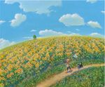  acrylic_paint_(medium) black_hair blue_sky butterfly_net cloud cloudy_sky day dirt_road dog field fisheye flip-flops flower flower_field from_side grass hand_net hat horizon nature original outdoors over_shoulder sandals scenery shiba_inu shiraishi_takashi shirt shorts signature sky straw_hat sunflower t-shirt traditional_media tree very_wide_shot walking wide_shot 