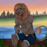  anthro beard clothed clothing facial_hair feline fur hair lion looking_at_viewer male mammal manikanika outside sitting smile solo topless 