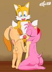  2017 amy_rose anthro balls big_breasts big_butt breasts butt canine collaborative_fellatio cream_the_rabbit erection excito fellatio female fox group hedgehog lagomorph male mammal miles_prower oral penis rabbit sex sonic_(series) 