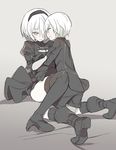  1girl ass black_footwear black_legwear blade_(galaxist) blush boots breasts couple dress feather-trimmed_sleeves gloves headband high_heel_boots high_heels kiss nier_(series) nier_automata no_blindfold open_mouth short_hair small_breasts thigh_boots thighhighs white_hair yorha_no._2_type_b yorha_no._9_type_s 