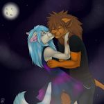  anthro clothed clothing duo feline female fur hair kissing lion male male/female mammal manikanika night_sky outside smile standing 