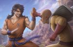  bald black_hair blocking brown_eyes cape dragon_ball dragon_ball_z male_focus mountain multiple_boys one-punch_man punching saitama_(one-punch_man) sam_delatore scar smile surprised yamcha 