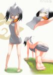  all_fours ass backless_dress backless_outfit bare_back bare_shoulders barefoot black_hair breasts butt_crack commentary_request dated dress feet full_body grass grey_sweater hari_nezumi_otoko highres japari_symbol kemono_friends long_hair low_ponytail meme_attire multicolored_hair naked_sweater no_tail orange_hair ribbed_sweater shoebill_(kemono_friends) side_ponytail sideboob silver_hair small_breasts soles solo standing sweater sweater_dress turtleneck turtleneck_sweater virgin_killer_sweater 