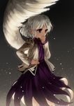  black_background covering_mouth dress feathered_wings jacket kishin_sagume long_sleeves open_clothes open_jacket purple_dress red_eyes single_wing solo suna_(s73d) touhou white_hair white_wings wings 