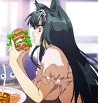  animal_ears bangs black_hair blush breasts cat cat_ears drink drinking_straw eating food french_fries hairband hamburger large_breasts long_hair mamecchi neko_no_wakusei open_mouth original profile puffy_short_sleeves puffy_sleeves purple_eyes short_sleeves sitting solo table 