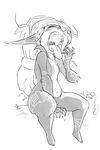  1girl breasts collarbone eyes_closed fangs helmet highres imp midna monochrome navel neon_trim pointy_ears sitting sketch small_breasts solo the_legend_of_zelda the_legend_of_zelda:_twilight_princess thick_thighs thighs tongue tongue_out yawning 