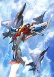  aircraft airplane arm_cannon cloud cybertron day decepticon f-15 fighter_jet fleet flying highres insignia jet mecha military military_vehicle planet realistic robot science_fiction starscream thrusters transformers weapon zhuyukun 