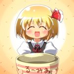  :d ^_^ black_dress blonde_hair blush bowl closed_eyes dress holding holding_bowl jinnouchi_akira open_mouth red_ribbon ribbon rice rumia smile solo touhou translated 