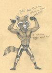  abs anthro armpit_hair armpits bedroom_eyes bulge dialogue dog_tags english_text flexing front_view guardians_of_the_galaxy half-closed_eyes looking_at_viewer male mammal marvel monochrome muscular nipples pecs pencil_(artwork) pointing raccoon rocket_raccoon seductive solo standing talking_to_viewer text traditional_media_(artwork) tush 