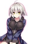  adapted_costume ahoge alternate_costume black_dress blonde_hair breasts commentary_request dress eyebrows_visible_through_hair fate/grand_order fate_(series) fur_coat fur_trim hair_between_eyes jeanne_d'arc_(alter)_(fate) jeanne_d'arc_(fate)_(all) jewelry large_breasts long_sleeves looking_at_viewer necklace ryokushiki_(midori-ya) short_hair smile solo v_arms wicked_dragon_witch_ver._shinjuku_1999 yellow_eyes 