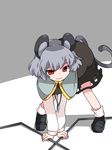  all_fours animal_ears commentary dowsing_rod grey_hair hammer_(sunset_beach) jewelry leaning_forward loafers looking_at_viewer mouse_ears mouse_tail nazrin pendant red_eyes shoes short_hair skirt skirt_set smile solo tail touhou 