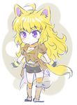  ahoge animal_ears bandana blonde_hair breasts chibi cleavage commentary_request ember_celica_(rwby) fingerless_gloves full_body gloves iesupa long_hair medium_breasts navel purple_eyes rwby shorts solo standing tail yang_xiao_long 