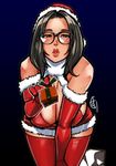  1girl black_hair breasts ganto glasses huge_breasts lipstick santa_hat 