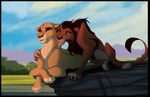  black_hair brown_eyes claws day detailed_background disney duo feline female fur hair kitchiki lion lying male mammal outside paws rock scar scar_(the_lion_king) sky smile tan_fur the_lion_king zira 