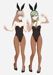  :d animal_ears armpits arms_up bangs bare_arms bare_shoulders black_bow black_legwear black_leotard black_neckwear blue_eyes blush bow bowtie breasts bunny_ears bunnysuit collarbone commentary_request detached_collar fake_animal_ears full_body green_hair grey_background groin hair_ornament hairband hairclip happy headgear high_heels high_ponytail highleg highleg_leotard highres holding_hands interlocked_fingers kantai_collection kumano_(kantai_collection) legs leotard light_brown_hair long_hair looking_at_viewer medium_breasts multiple_girls open_mouth pantyhose ponytail see-through simple_background small_breasts smile standing standing_on_one_leg strapless strapless_leotard suzuya_(kantai_collection) swept_bangs thigh_gap touyama_eight w wrist_cuffs 