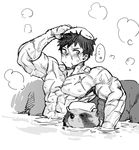  1boy animal bathing doudanuki_masakuni greyscale highres looking_at_another male_focus manly monochrome muscle nipples nude onsen partially_submerged scar spoken_ellipsis synecdoche tanuki touken_ranbu towel towel_on_head wet 