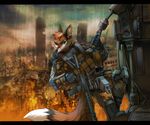  anthro armor black_bars blue_eyes blue_nose canine clothed clothing day fluffy fluffy_tail fox gun hair holding_object holding_weapon mammal orange_hair outside raining ranged_weapon solo sorafoxyteils weapon 