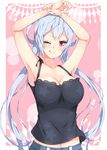  ;q ahoge alternate_costume armpits arms_up blush breasts casual cleavage commentary_request denim denim_shorts long_hair looking_at_viewer matoi_(pso2) medium_breasts midriff milkpanda one_eye_closed phantasy_star phantasy_star_online_2 red_eyes shorts silver_hair smile solo tank_top tongue tongue_out 