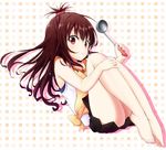  :&lt; absurdres apron ass bare_shoulders barefoot blush brown_eyes brown_hair commentary_request hair_ornament highres jabittoson ladle long_hair looking_at_viewer skirt sleeveless solo to_love-ru yuuki_mikan 
