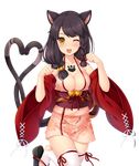  ;d animal_ears bell braid breasts cat_ears cat_tail expressive_tail fang floral_print hair_ribbon heart heart_tail highres leg_up long_hair long_sleeves looking_at_viewer medium_breasts multiple_tails nekomata_(youkai_hyakki-tan!) obi one_eye_closed open_mouth paw_pose ribbon sandals sash smile solo tail tattoo thigh_ribbon thighhighs transparent_background white_legwear yellow_eyes youkai_hyakki-tan! 