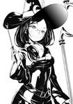  blush breasts broom choker collarbone covered_navel crescent dress fukushima_masayasu glasses greyscale hair_over_shoulder hat hat_feather highres hood little_witch_academia long_hair long_sleeves looking_at_viewer medium_breasts monochrome rimless_eyewear robe side_ponytail simple_background smile solo ursula_charistes wand white_background wide_sleeves witch witch_hat 