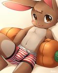  anthro blush boxers_(clothing) brown_eyes brown_fur bulge clothed clothing fur lagomorph male mammal navel pink_nose rabbit simple_background solo topless underwear unrealplace young 