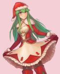  1girl artist_name belt closed_mouth dress fire_emblem fire_emblem:_monshou_no_nazo fur_trim green_eyes green_hair hat highres long_hair long_sleeves nintendo paola pink_background pom_pom_(clothes) red_hat santa_costume santa_hat simple_background skirt_hold smile solo spiffydc 