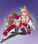  :/ animal_ear_fluff animal_ears armpits bangs bare_shoulders bell black_legwear black_panties blonde_hair blue_eyes blush bracelet breasts closed_mouth detached_collar facial_mark fingernails forehead_mark fox_ears fox_tail full_body groin hair_ornament highres itoucon japanese_clothes jewelry jingle_bell kimono long_fingernails long_hair long_sleeves medium_breasts multiple_tails nail_polish nipples obi off_shoulder one_breast_out original panties panty_pull sash sidelocks solo tail thighhighs underwear v-shaped_eyebrows white_nails wide_sleeves 