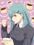  blue_eyes commentary_request eating food green_hair hair_ornament hairclip holding ishii_hisao kantai_collection long_hair pudding smile solo spoon suzuya_(kantai_collection) sweater 