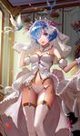  :d absurdres alternate_costume ass_visible_through_thighs bare_shoulders bird blue_eyes blue_hair breasts bridal_veil cameltoe cleavage cowboy_shot detached_collar detached_sleeves dove dress garter_belt gloves hair_ornament hair_over_one_eye hair_ribbon highres itoucon looking_at_viewer medium_breasts midriff navel open_mouth panties petals puffy_short_sleeves puffy_sleeves purple_ribbon re:zero_kara_hajimeru_isekai_seikatsu rem_(re:zero) ribbon short_hair short_sleeves skindentation smile solo stomach thighhighs underwear veil wedding_dress white_dress white_gloves white_legwear white_panties x_hair_ornament 