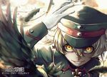  blonde_hair character_name copyright_name feathers gloves grin hair_between_eyes hat iron_cross looking_at_viewer military military_hat military_uniform neekochanii short_hair smile solo tanya_degurechaff uniform white_gloves yellow_eyes youjo_senki 