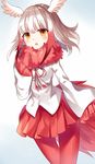  brown_eyes fur_collar gloves gradient_hair head_wings japanese_crested_ibis_(kemono_friends) kemono_friends looking_at_viewer medium_hair multicolored_hair pantyhose peanuts_(asd313175) pleated_skirt red_gloves red_legwear simple_background skirt solo streaked_hair white_background white_hair 