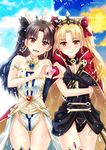  :d ass_visible_through_thighs blonde_hair blush breasts brown_hair cape cleavage dual_persona earrings embarrassed ereshkigal_(fate/grand_order) fate/grand_order fate_(series) gold_trim groin highres hips ishtar_(fate/grand_order) jewelry long_hair looking_at_viewer multiple_girls nail_polish open_mouth red_eyes sato-pon skull small_breasts smile thigh_gap tiara twintails twitter_username waist_cape wavy_mouth 
