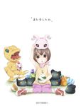  agumon botamon brown_eyes brown_hair digiegg digimon digimon_adventure hashimusubi highres koromon short_hair yagami_hikari 