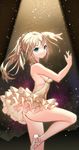  ass ballerina ballet_slippers blonde_hair blue_eyes breasts dancer dancing frills highres hoshi_usagi long_hair looking_at_viewer medium_breasts original ponytail sideboob smile solo spotlight standing standing_on_one_leg tutu 