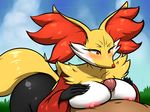  2017 anthro areola big_breasts blush breasts canine delphox duo erection female fox fur gusscass holding_breast human human_on_anthro interspecies male male/female mammal nintendo nipples nude penis pok&eacute;mon pok&eacute;philia sex titfuck video_games 