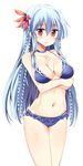  ass_visible_through_thighs bangs between_breasts bikini blue_bikini blue_hair blush braid breasts collarbone hair_ornament hand_between_breasts highres kamishirasawa_keine large_breasts long_hair looking_at_viewer maturiuta_sorato navel orange_eyes simple_background solo standing swimsuit thigh_gap touhou white_background 