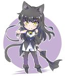  animal_ears bell bell_choker black_hair blake_belladonna bow cat_ears cat_tail chibi choker commentary_request fang gambol_shroud hair_bow iesupa long_hair pantyhose rwby solo tail weapon yellow_eyes 