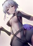  adjusting_clothes akahito areola_slip areolae bare_shoulders black_gloves breasts cameltoe center_opening dark_skin fate/prototype fate/prototype:_fragments_of_blue_and_silver fate_(series) fingerless_gloves gloves hassan_of_serenity_(fate) hips looking_at_viewer navel purple_hair smile solo thighs 