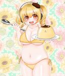  belly beret bikini blonde_hair blush breasts cleavage collarbone commentary_request cowboy_shot dot_nose eyebrows_visible_through_hair floral_background food hat headphones holding holding_plate holding_spoon large_breasts midriff nitroplus open_mouth orange_eyes panda017 plate plump pompompurin pudding sanrio short_twintails side-tie_bikini solo spoon string_bikini super_pochaco swimsuit thick_thighs thighs twintails underboob 