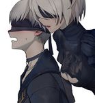  1girl blindfold blonde_hair blush breast_press breasts breasts_on_back choker cleavage cleavage_cutout commentary dress frilled_dress frills from_side hairband high_collar jacket leaning_in lipstick makeup medium_breasts mole mole_under_mouth nier_(series) nier_automata open_mouth shirt short_hair simple_background sweat sweatdrop upper_body walzrj whispering white_background yorha_no._2_type_b yorha_no._9_type_s 