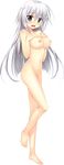  barefoot blue_eyes blush breast_suppress breasts cabbage_soft full_body hair_ribbon highres hoshikoi_tinkle korie_riko large_breasts long_hair looking_at_viewer murakumo_soraha navel nipples official_art open_mouth ribbon skinny solo transparent_background white_hair 