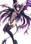  &gt;:) absurdres arms_up bangs bare_shoulders breasts covered_navel demon_girl demon_tail demon_wings detached_sleeves fingernails forehead_protector gradient_hair groin high_heels highres leotard long_hair looking_at_viewer maruchi multicolored_hair original parted_bangs pointy_ears purple_hair purple_legwear red_eyes see-through sharp_fingernails sidelocks small_breasts smile solo tail thighhighs tongue tongue_out tsurime v-shaped_eyebrows very_long_hair wings 